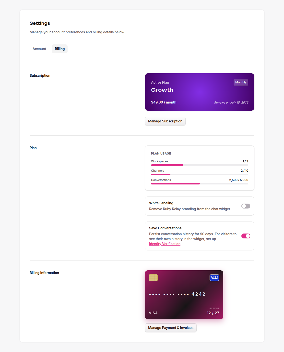 Billing settings page showing the active Growth plan, subscription details, plan usage, and the White Labeling and Save Conversations toggles