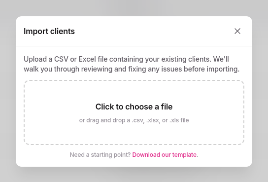 Import clients modal showing the drag-and-drop area for CSV or Excel files