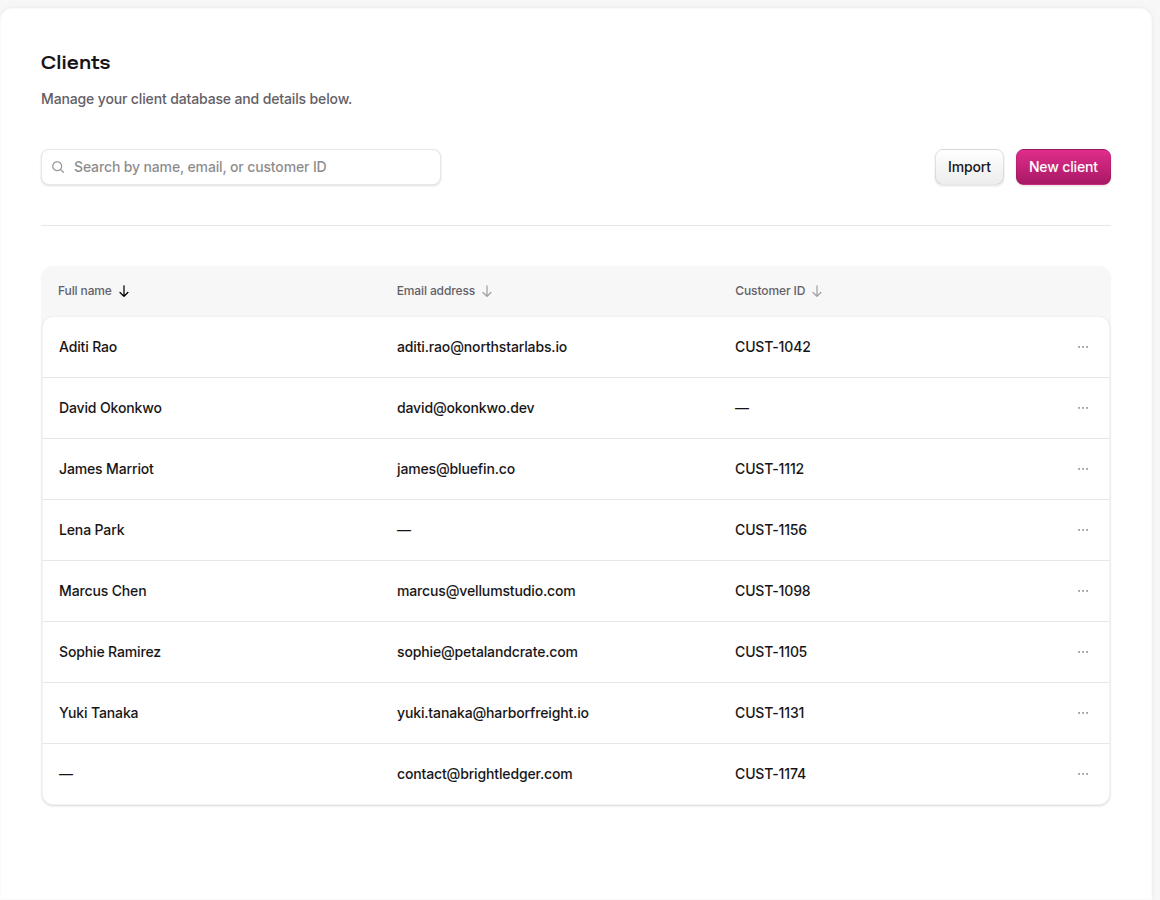 Clients page showing a table of eight customers with their name, email, and customer ID