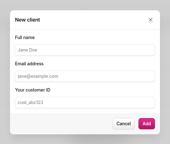 New client modal with fields for full name, email address, and customer ID