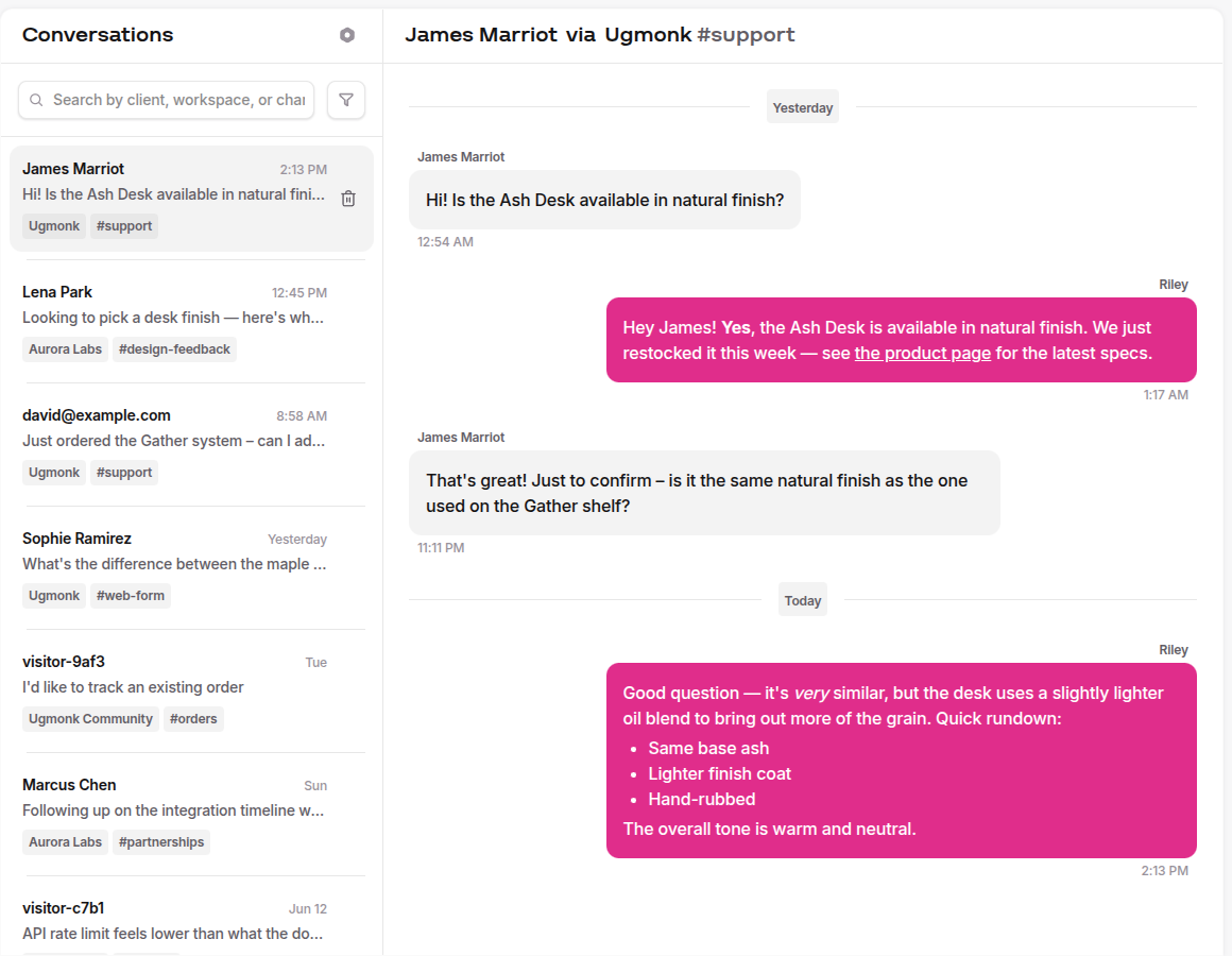 Conversation detail view showing the full message thread grouped by day with sender names and timestamps