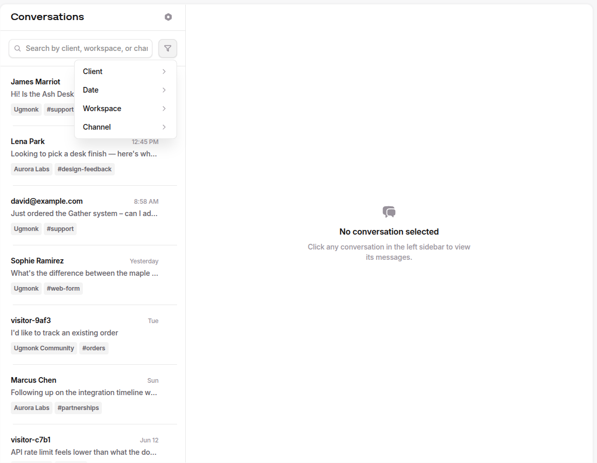 Filter modal open over the conversations list, with options for client, workspace, channel, and date range