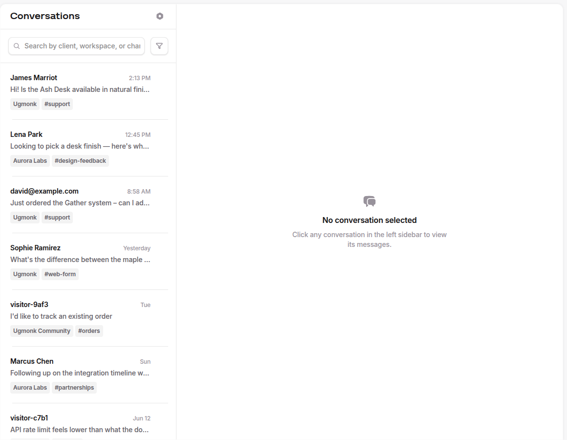 Conversations list showing recent archived conversations with client name, preview text, and workspace and channel labels