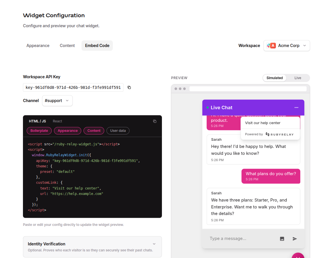 Widget Configuration page, Embed Code tab, showing the Workspace API Key and the copy-paste embed snippet