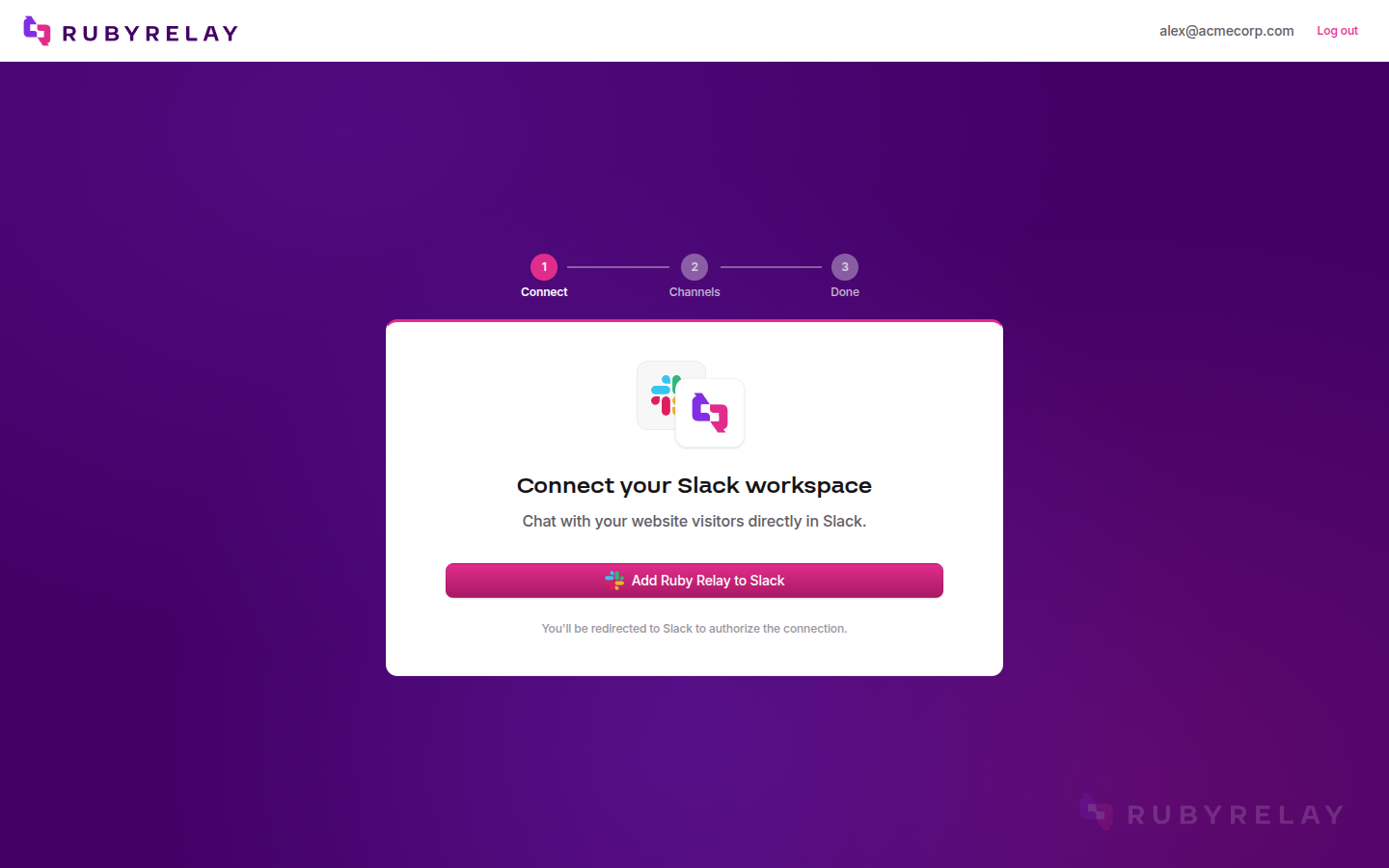 Setup wizard step 1: Connect your Slack workspace with the Add Ruby Relay to Slack button