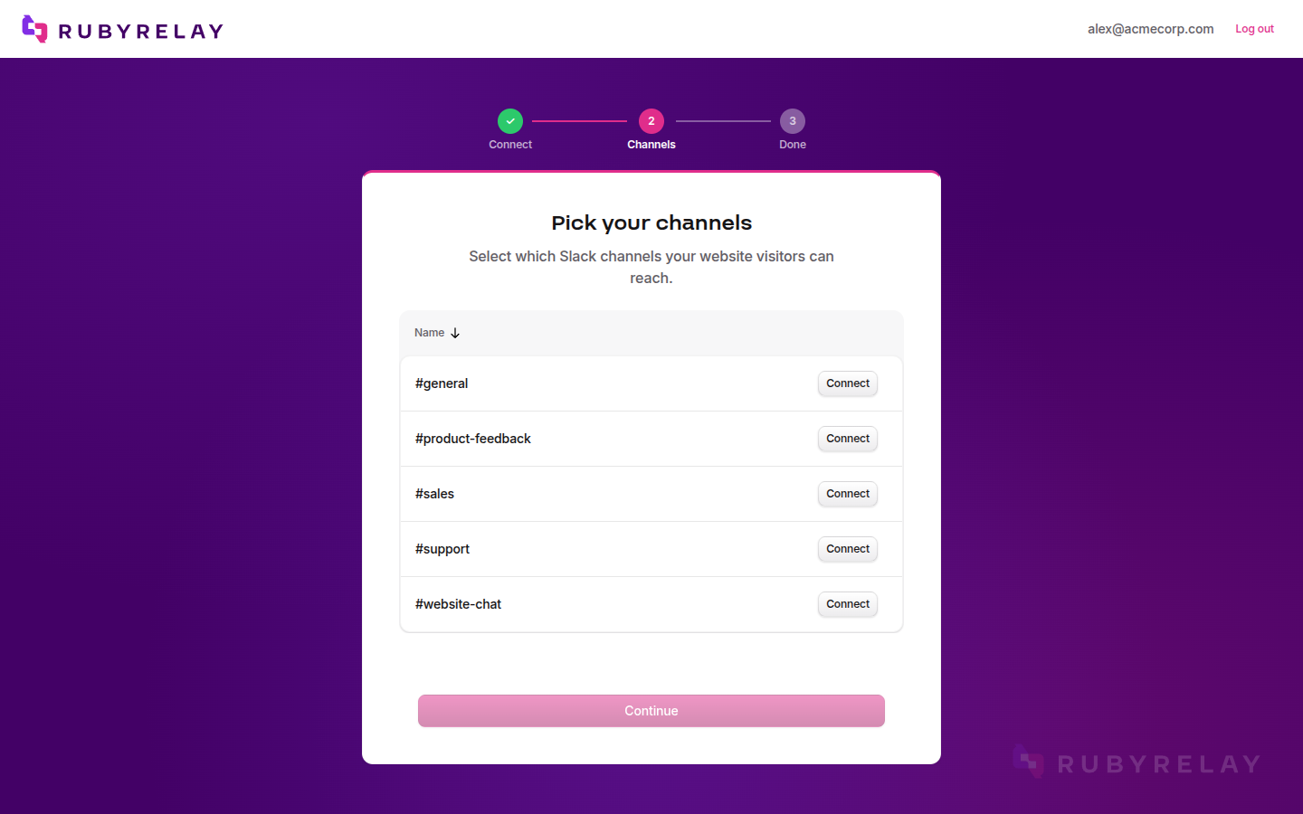 Setup wizard step 2: Pick your Slack channels from a list with Connect buttons