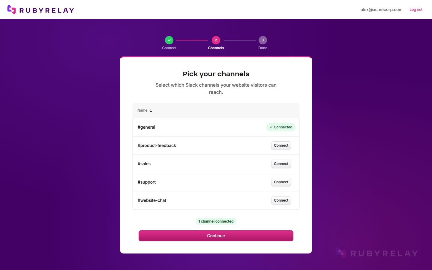 Setup wizard step 3: Success screen confirming your Slack workspace is connected