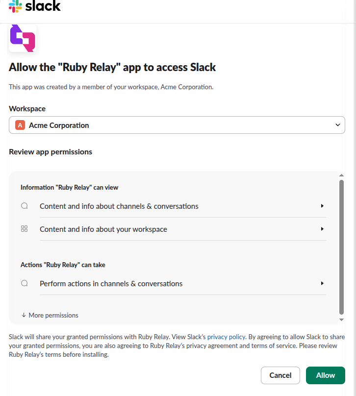 Slack OAuth permissions screen showing the scopes Ruby Relay requests when connecting to your workspace