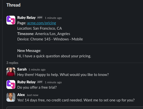 Ruby Relay conversation in a Slack thread, showing a visitor question relayed to the #support channel with team members Sarah and Alex replying