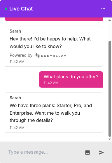 Chat widget showing a live conversation between a visitor and support agent Sarah