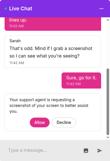 Chat widget showing the screenshot permission prompt with Allow and Decline buttons