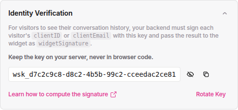 Identity Verification card on the Embed Code tab showing the widget signing key with reveal, copy, and rotate controls