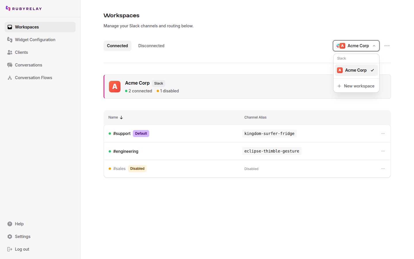 Workspaces page with the workspace selection dropdown open in the top-right, showing connected workspaces and the option to connect another