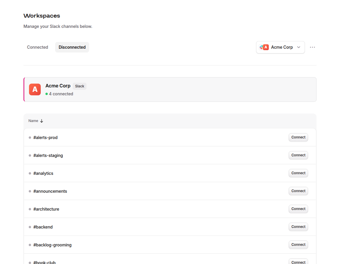 Workspaces Disconnected tab showing available Slack channels with Connect buttons