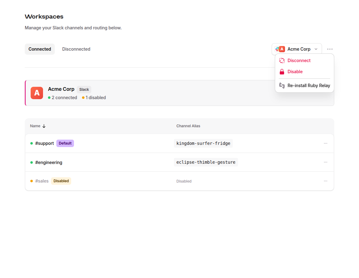 Workspace actions menu expanded on the Workspaces page showing Disconnect, Disable, and Re-install Ruby Relay options